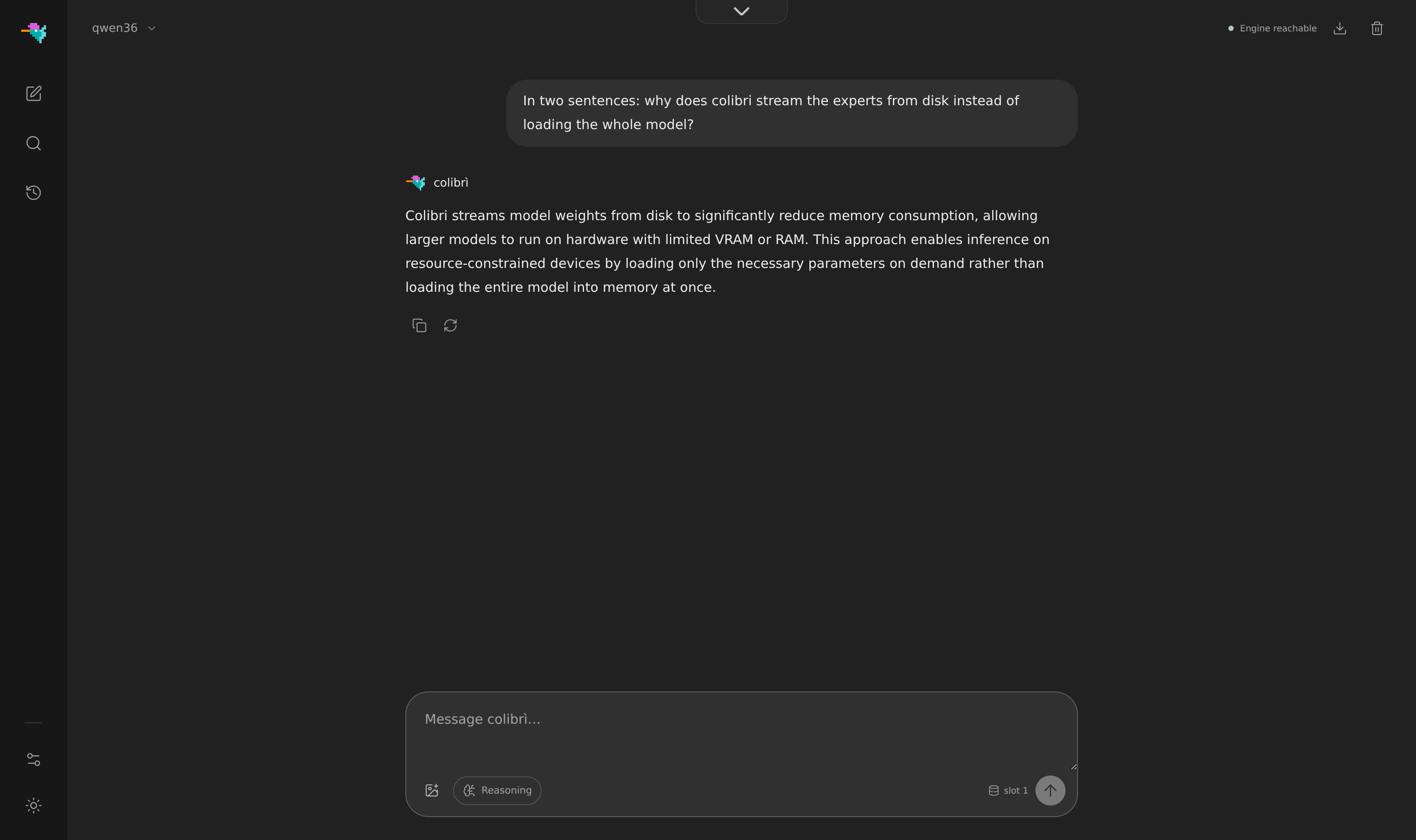 Painel de chat do colibri respondendo